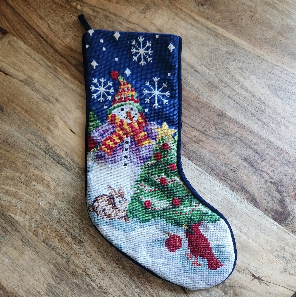 Festive Needlepoint Christmas Stocking with Frosty the Snowman Winter Scene